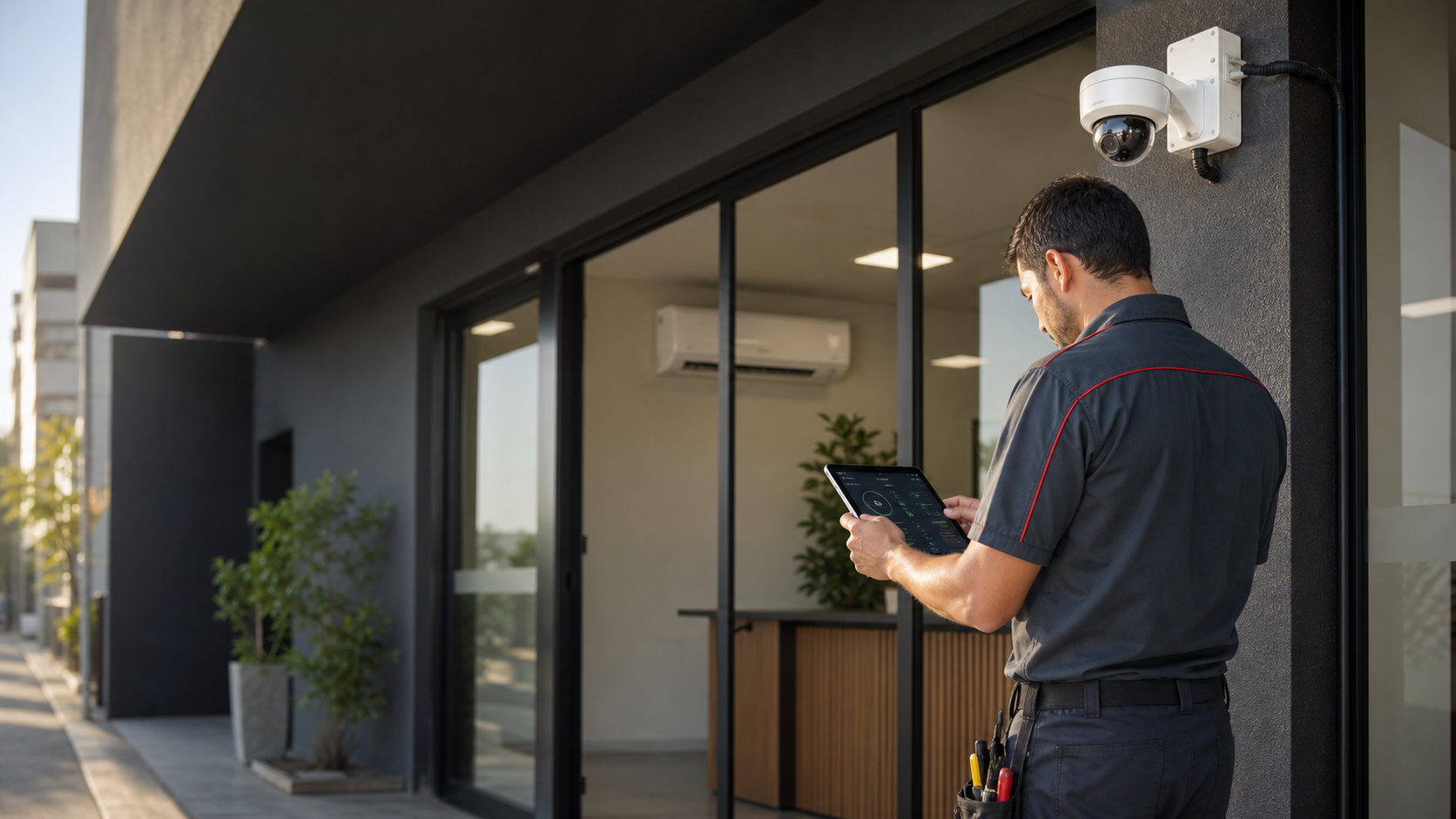 Técnico da Exclusiva verificando uma câmera de segurança em instalação comercial climatizada